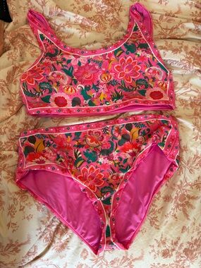 Beach Riot Hot Pink Bikini with Multicolor Paisley Trim